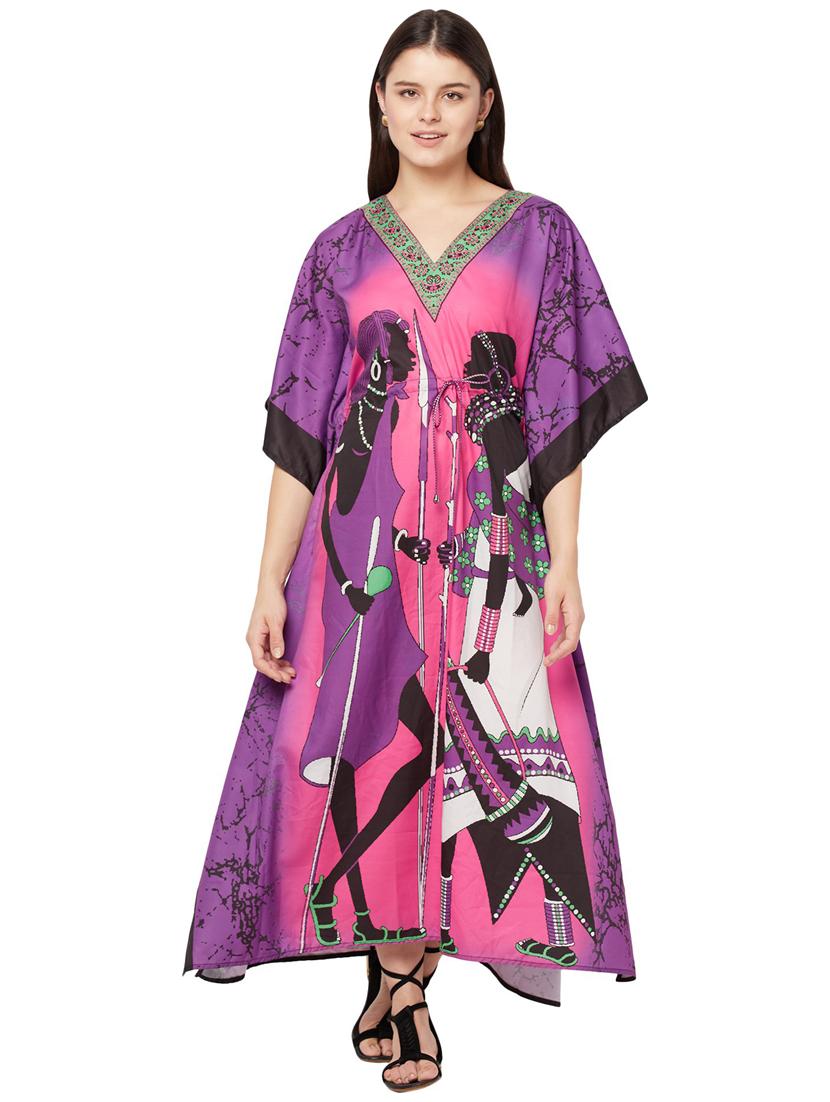 purple printed v neck kaftan maxi dress - 20162451 -  Zoom Image - 0