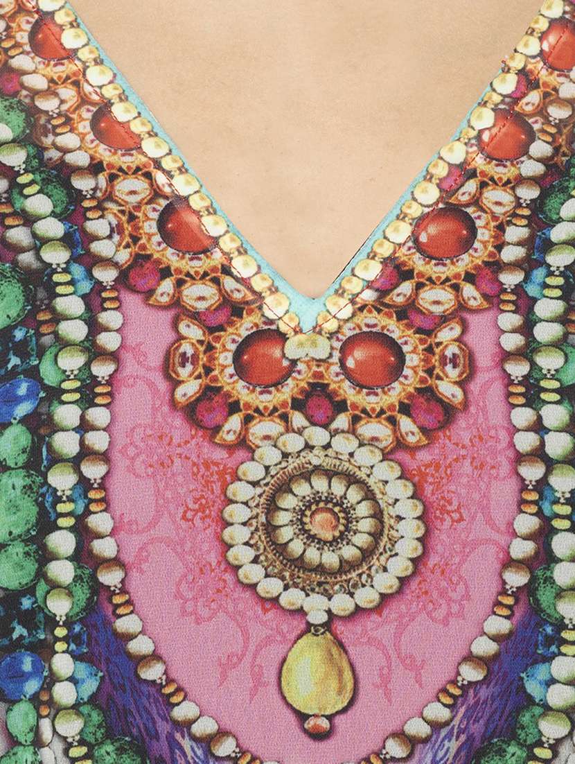 multi colored printed v neck kaftan dress - 20162488 -  Standard Image - 3