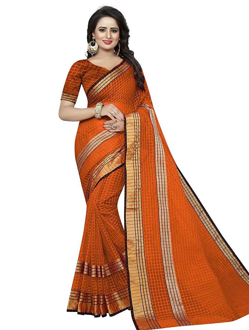 women's checks orange colored saree with blouse