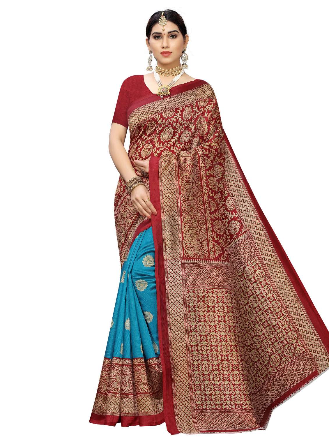 blue printed art silk saree with blouse