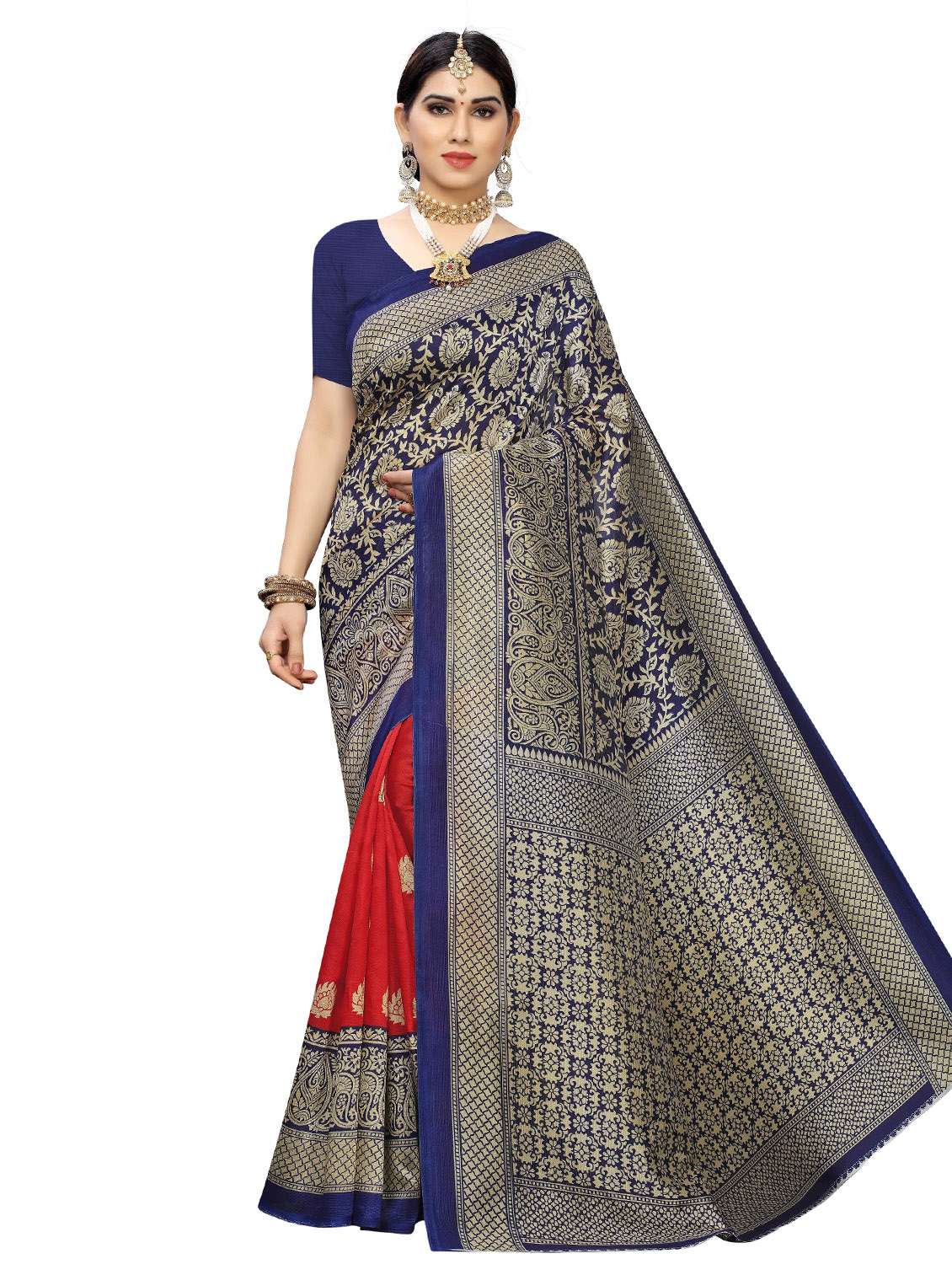 red printed art silk saree with blouse - 20163231 -  Zoom Image - 0
