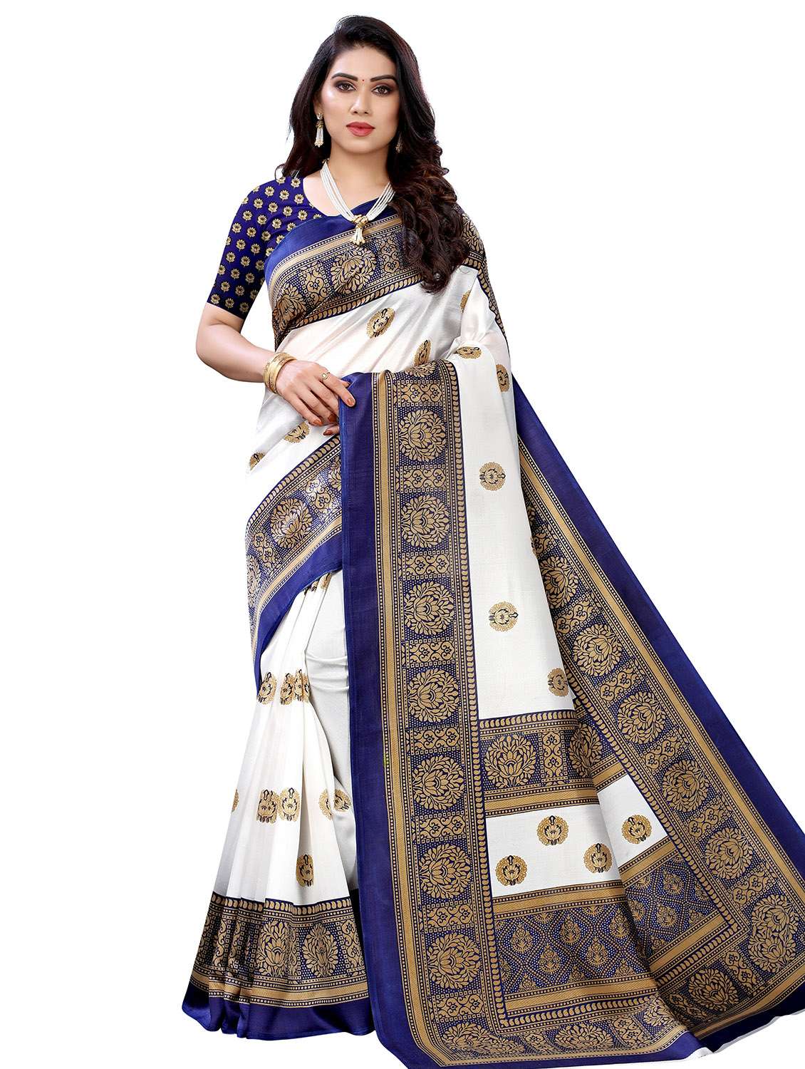 navy blue art silk printed saree with blouse