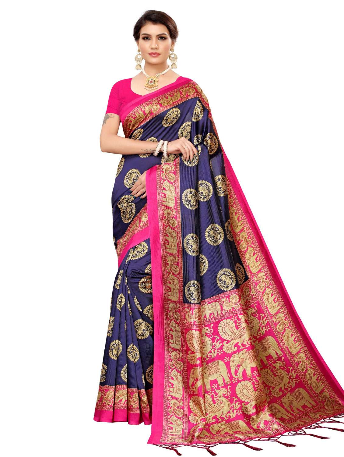 women's self design navy blue colored saree with blouse
