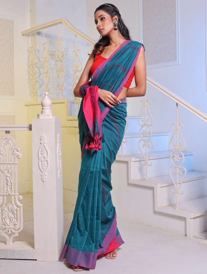 women's self design sea green colored saree with blouse