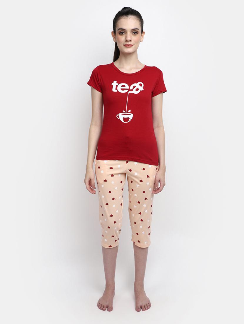 red round neck printed nightwear set