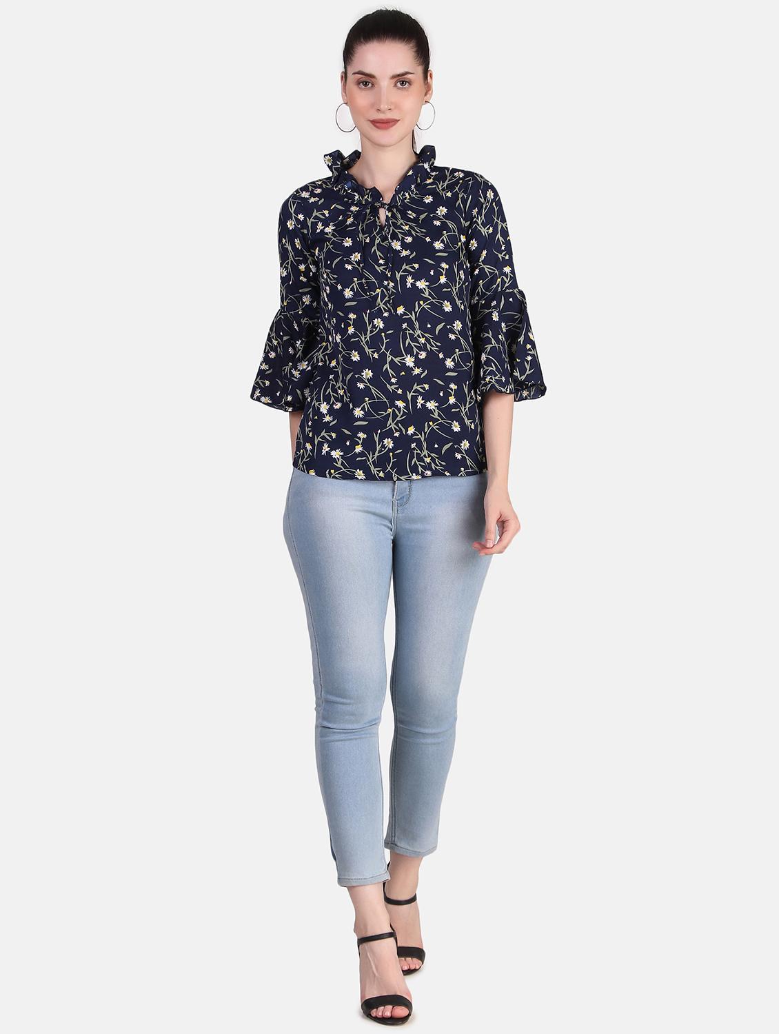 blue florals printed bell sleeves regular top - 20163988 - Standard Image - 3
