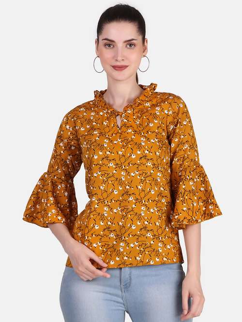 yellow florals printed bell sleeves regular top - 20163989 - Standard Image - 0