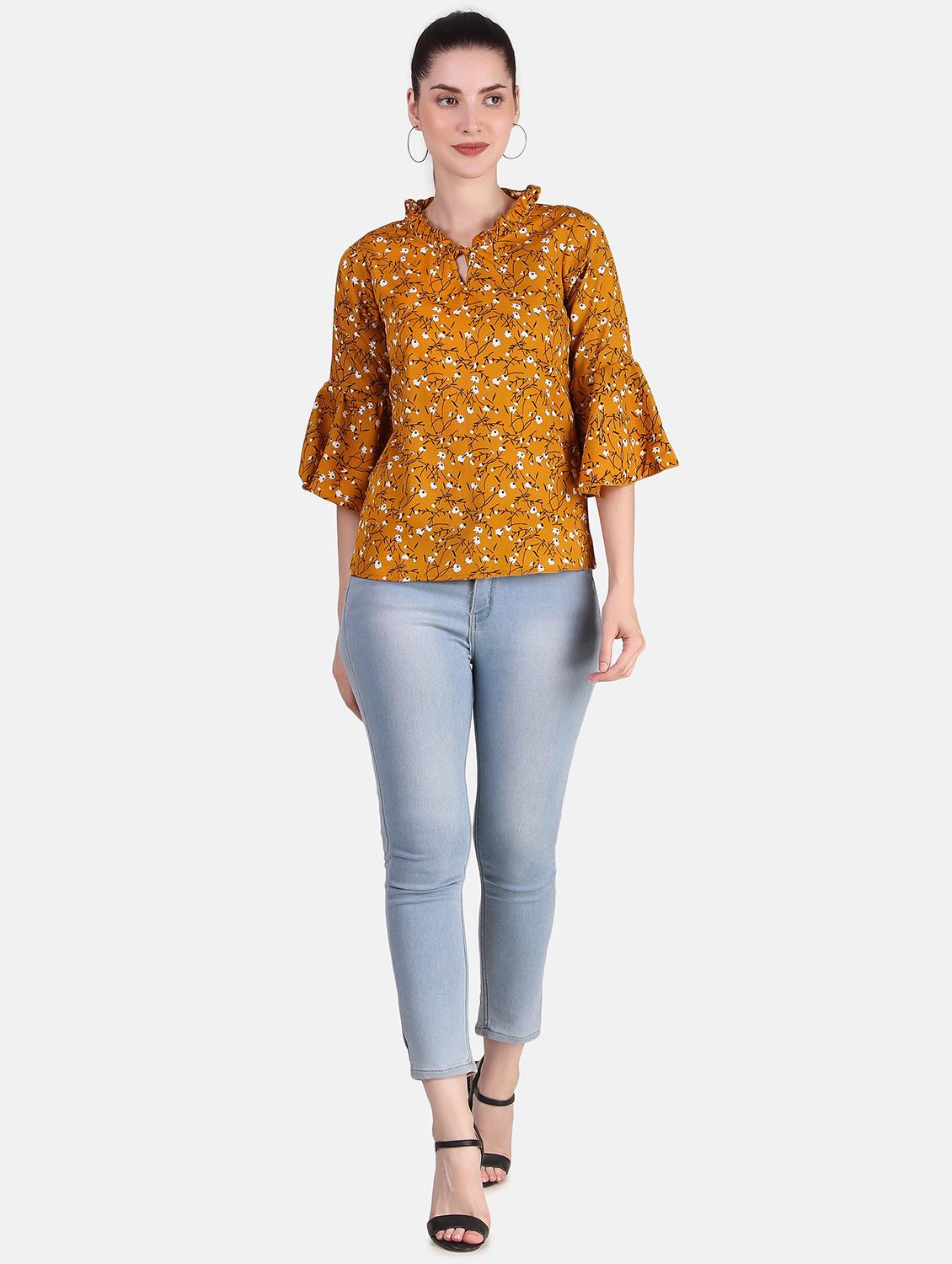 yellow florals printed bell sleeves regular top - 20163989 - Standard Image - 3