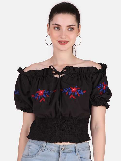 black solids off-shoulder crop top - 20163990 -  Standard Image - 0
