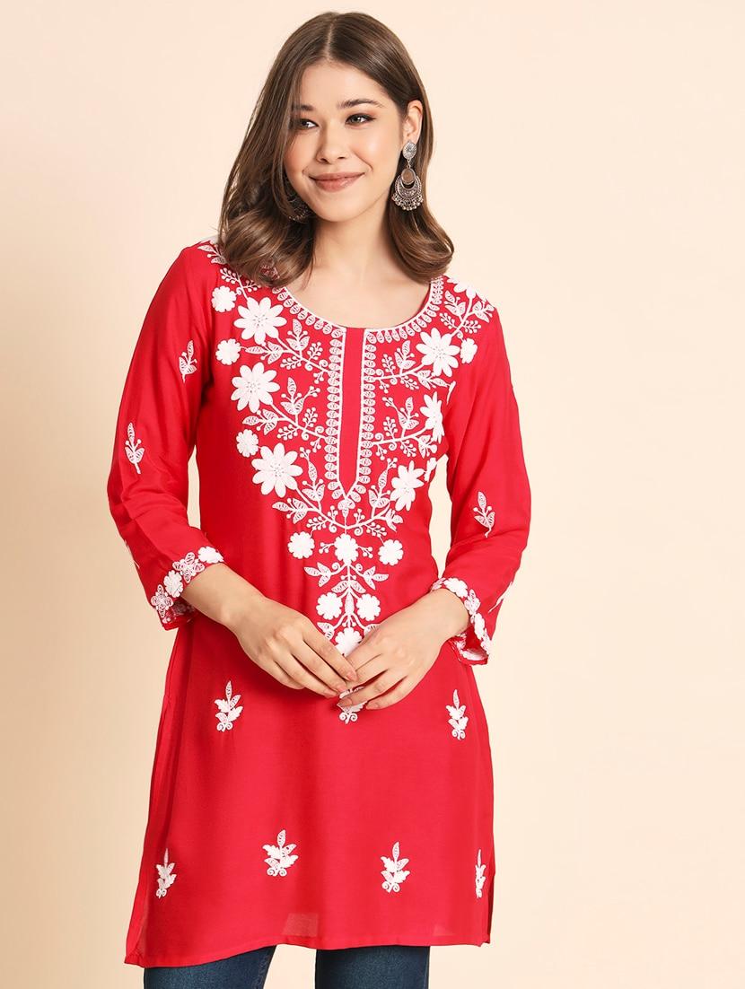 round neck embroidered straight kurti - 20163997 - Zoom Image - 0
