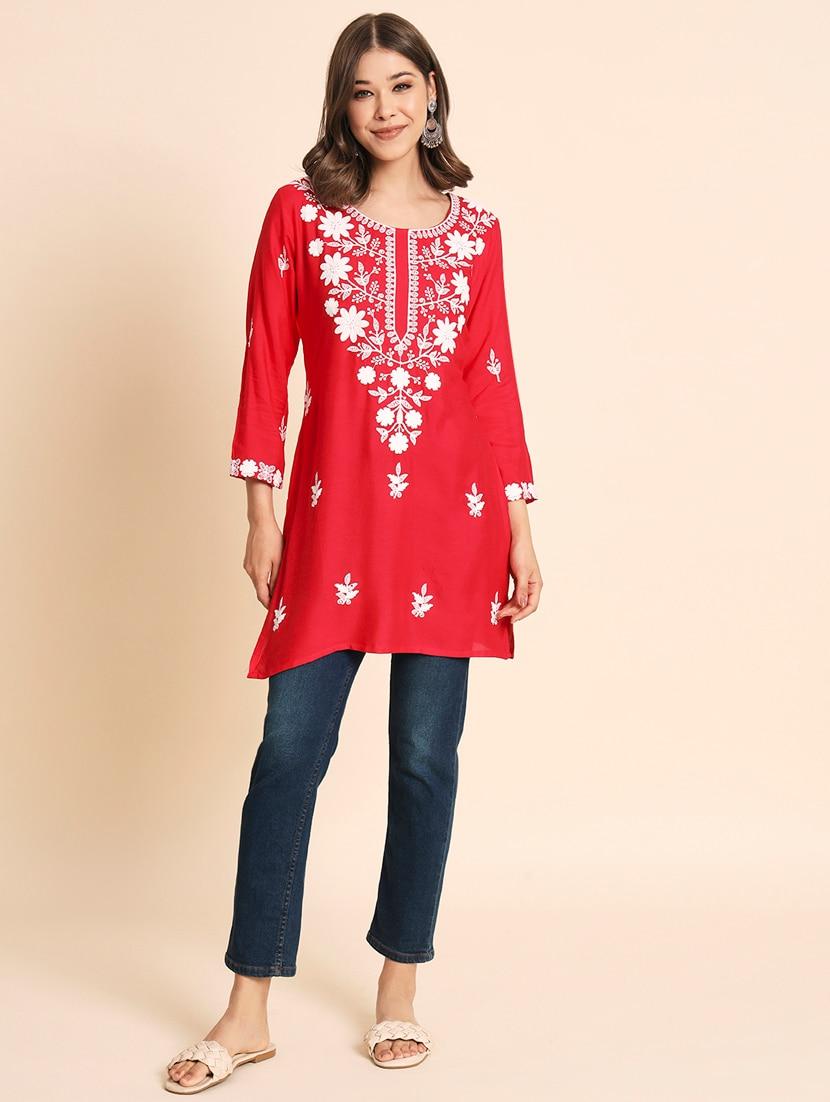 round neck embroidered straight kurti - 20163997 - Standard Image - 3
