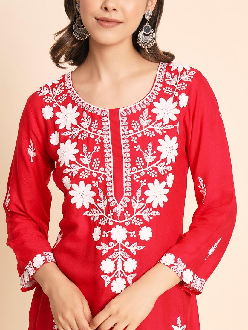 round neck embroidered straight kurti - 20163997 - Standard Image - 5
