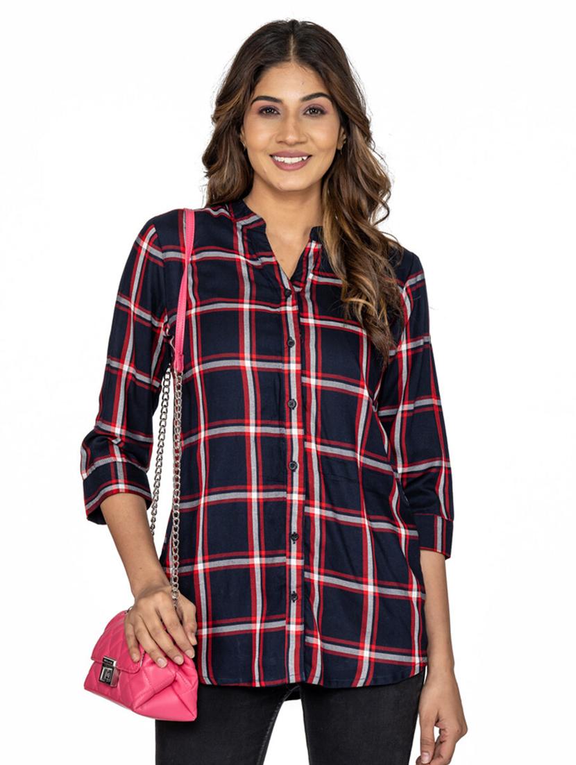 blue checkered print mandarin neck long shirt - 20164037 -  Zoom Image - 0