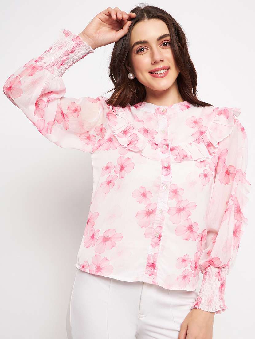 pink floral ruffle top
