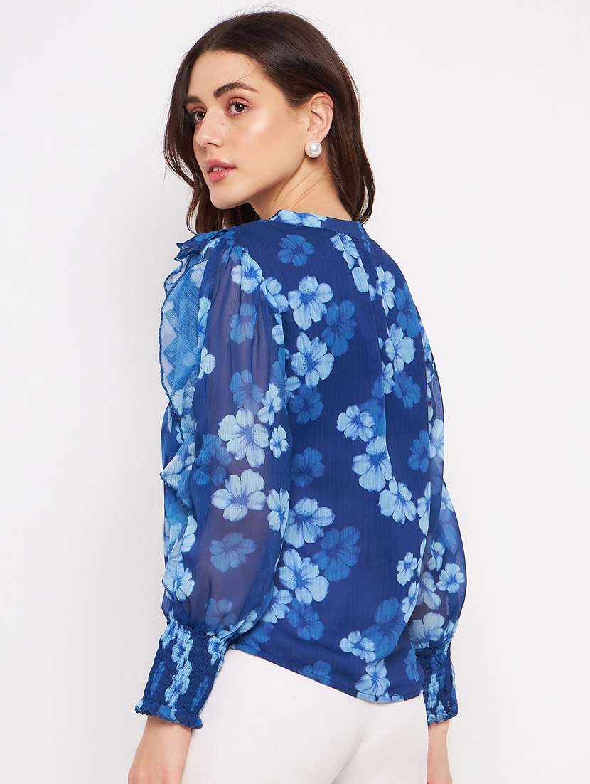navy blue printed ruffle top - 20164057 -  Standard Image - 3