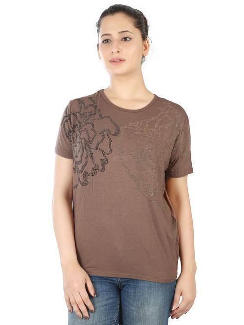 brown printed round neck regular fit top - 20166133 -  Standard Image - 0