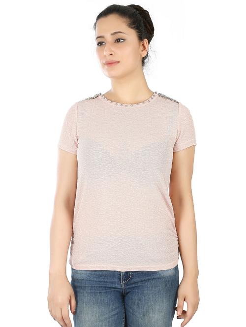 pink round neck short sleeves regular top - 20166138 - Standard Image - 0