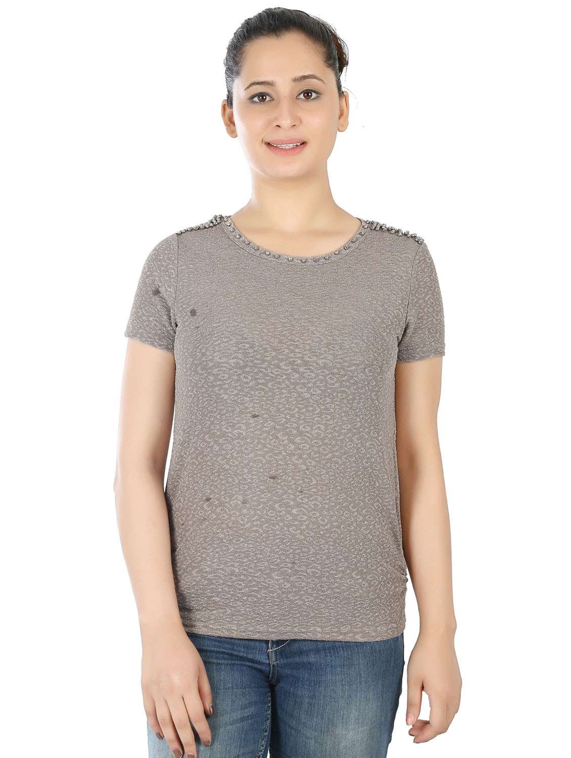 grey round neck short sleeves regular top