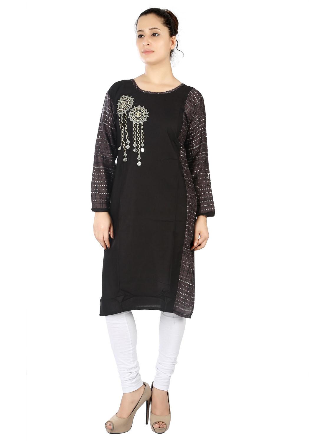 black round neck straight kurta - 20166223 -  Zoom Image - 0