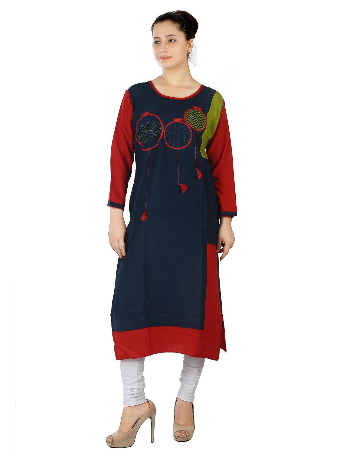 blue & red colourblocked detailed straight kurta