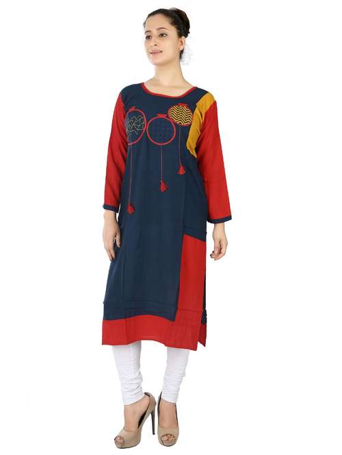 blue & red colourblocked detailed straight kurta - 20166228 - Standard Image - 0
