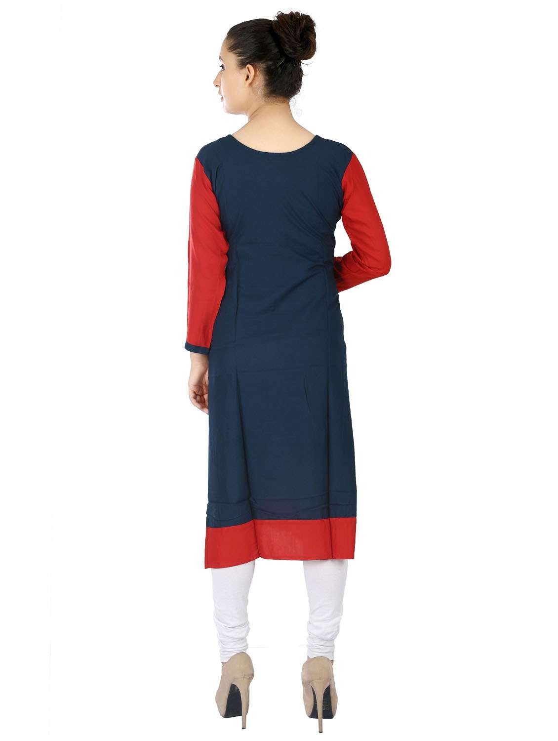 blue & red colourblocked detailed straight kurta - 20166228 - Standard Image - 3