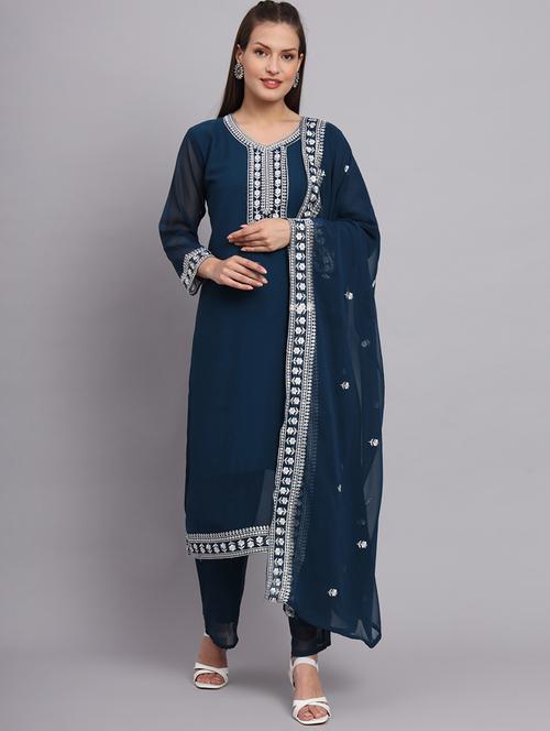 teal embroidered round neck kurta with dupatta set - 20167197 -  Standard Image - 0