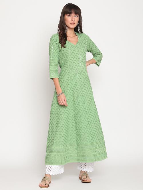 green self design anarkali kurta - 20167347 - Standard Image - 0