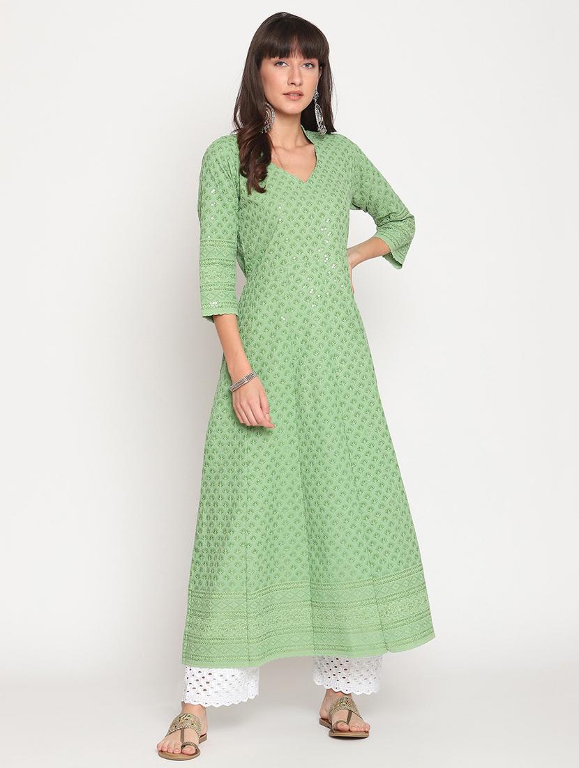 green self design anarkali kurta - 20167347 - Zoom Image - 0