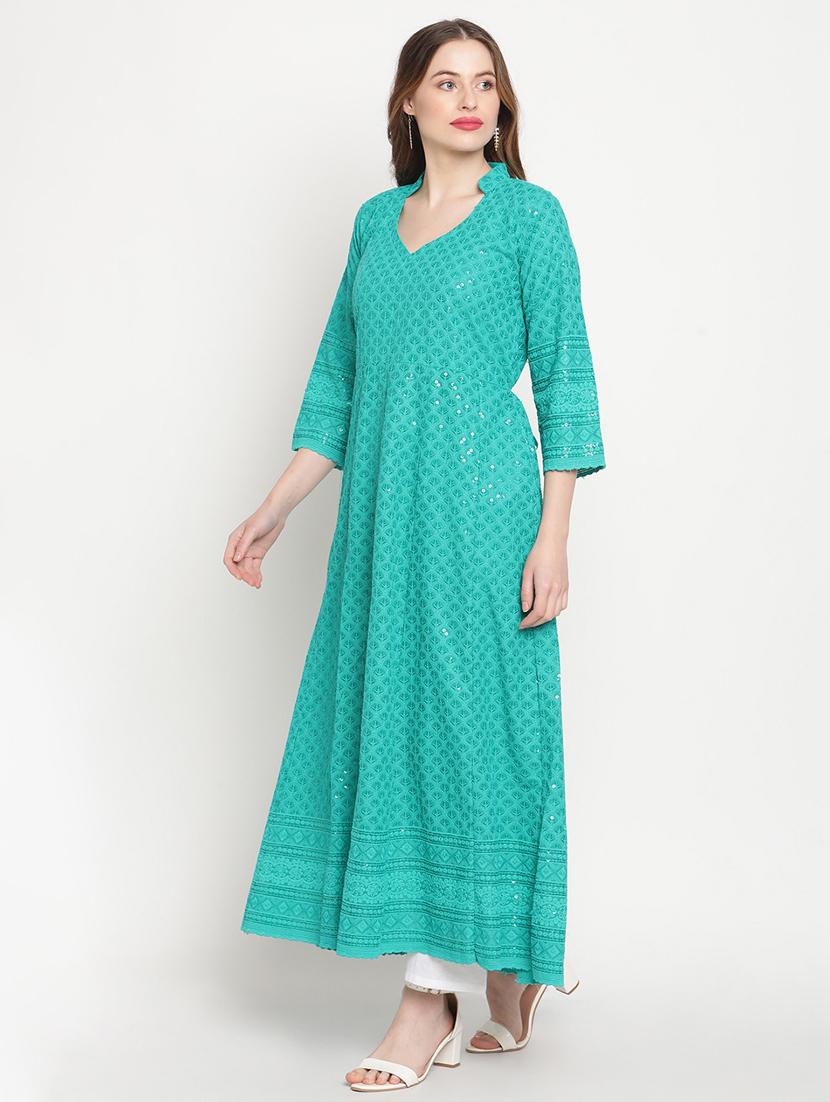 green self design anarkali kurta - 20167351 - Standard Image - 3