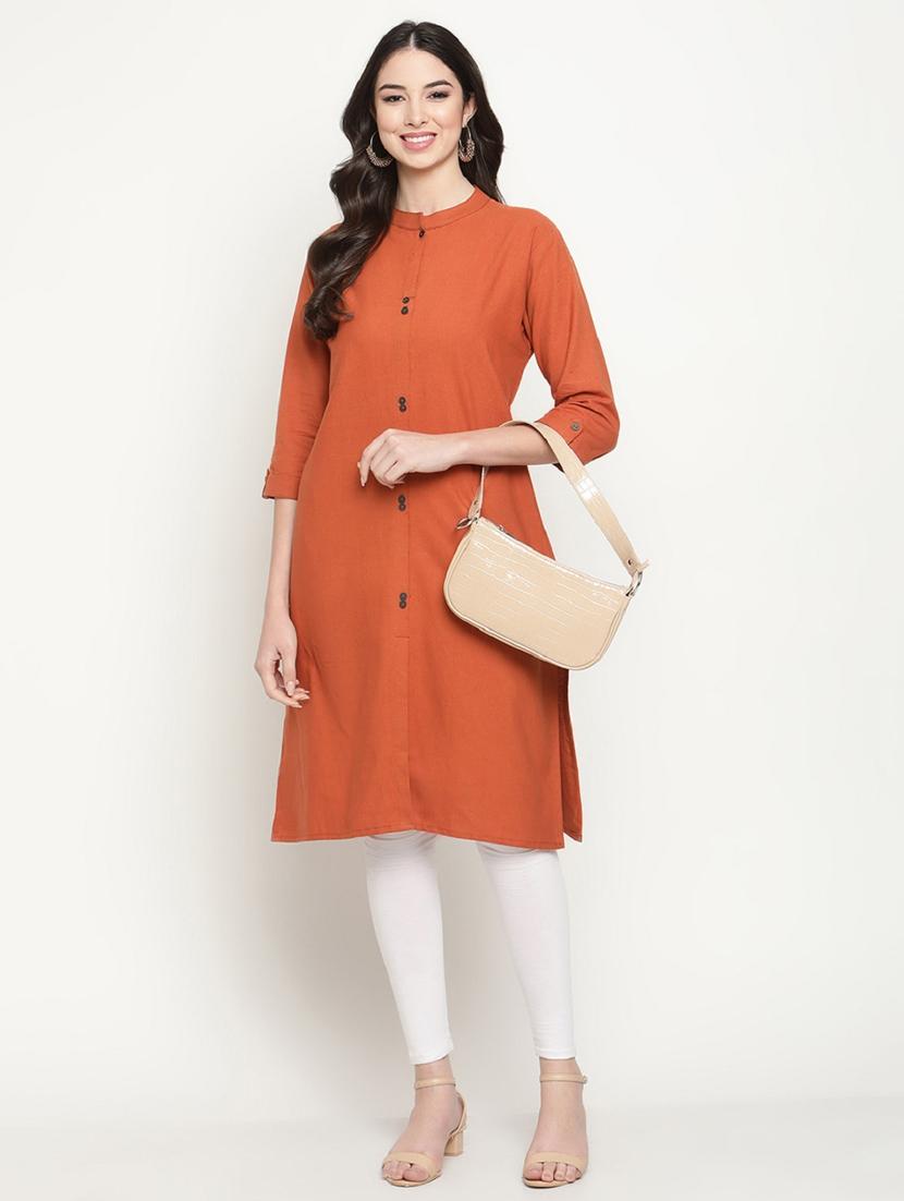 orange mandarin neck straight kurta - 20167358 - Standard Image - 3