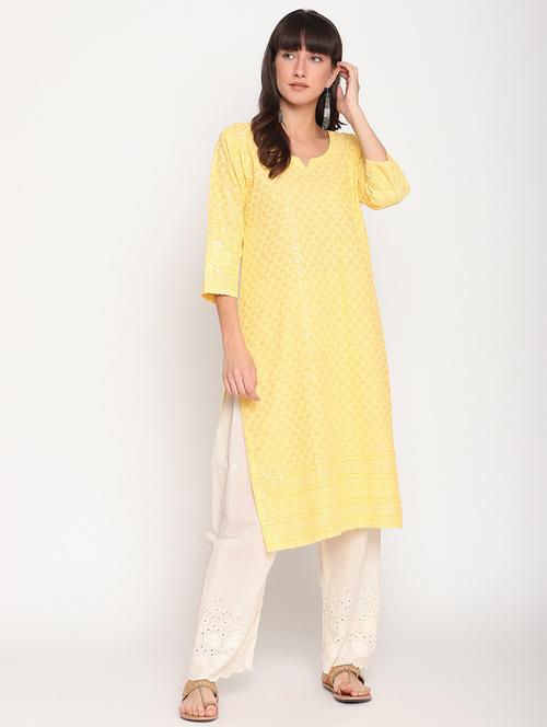 yellow notch neck straight kurta - 20167361 - Standard Image - 0