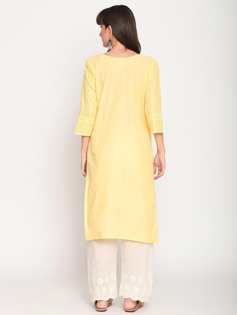yellow notch neck straight kurta - 20167361 - Standard Image - 3