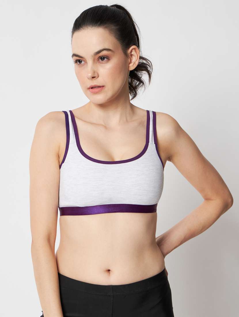 grey & purple solid full coverage sports bra