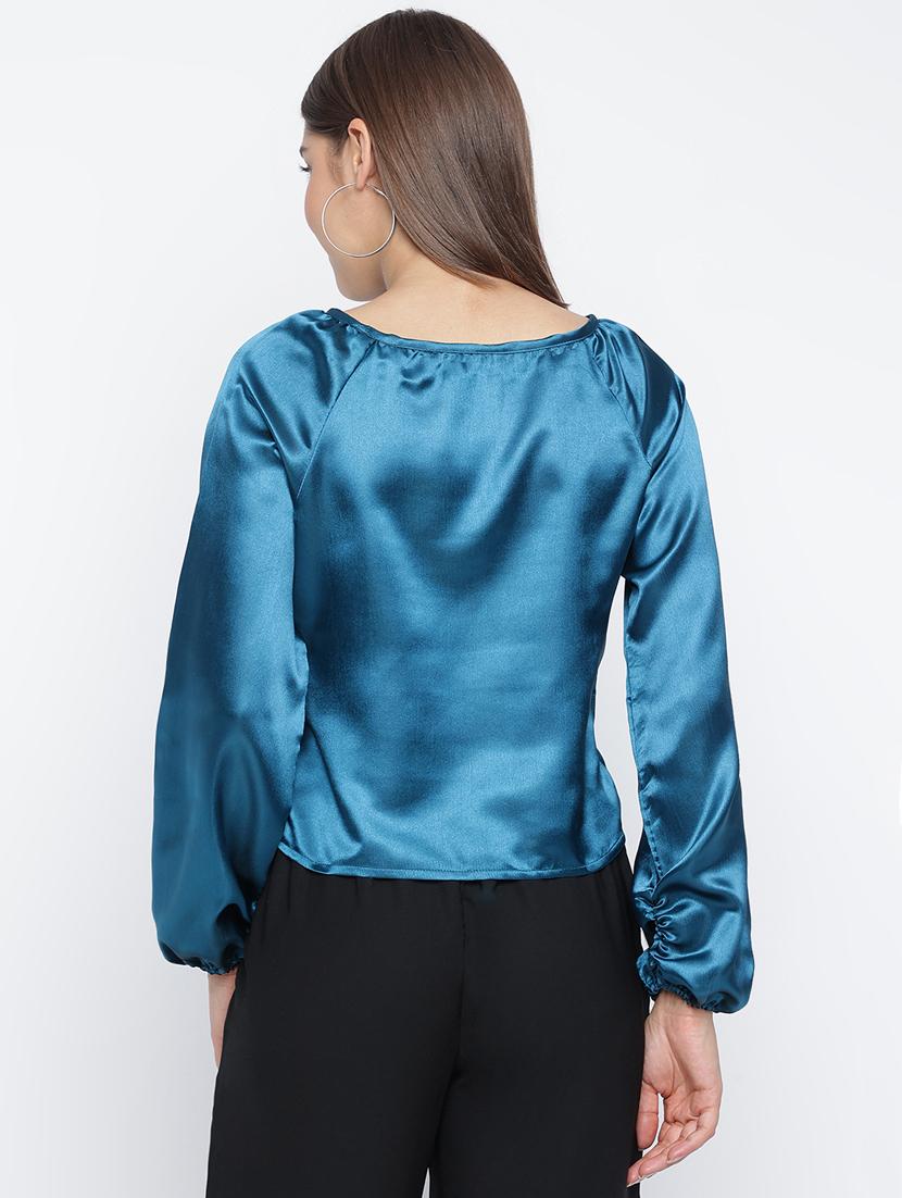 blue solid round neck regular fit crop top - 20168476 - Standard Image - 3
