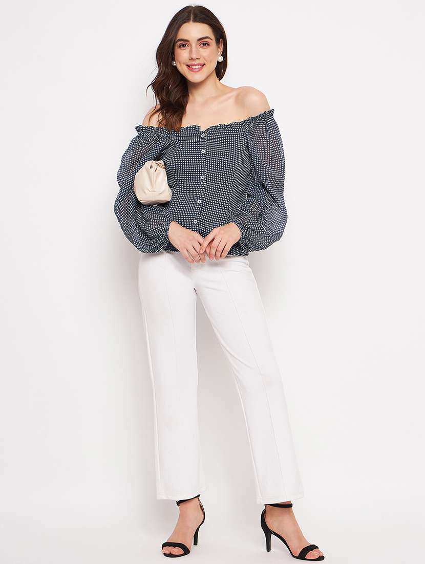blue printed off shoulder regular fit top - 20168961 -  Standard Image - 3