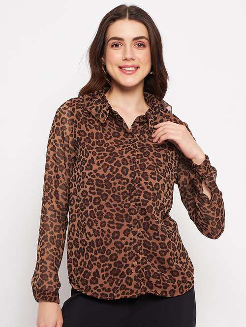 brown printed chiffon regular top - 20168962 -  Standard Image - 0