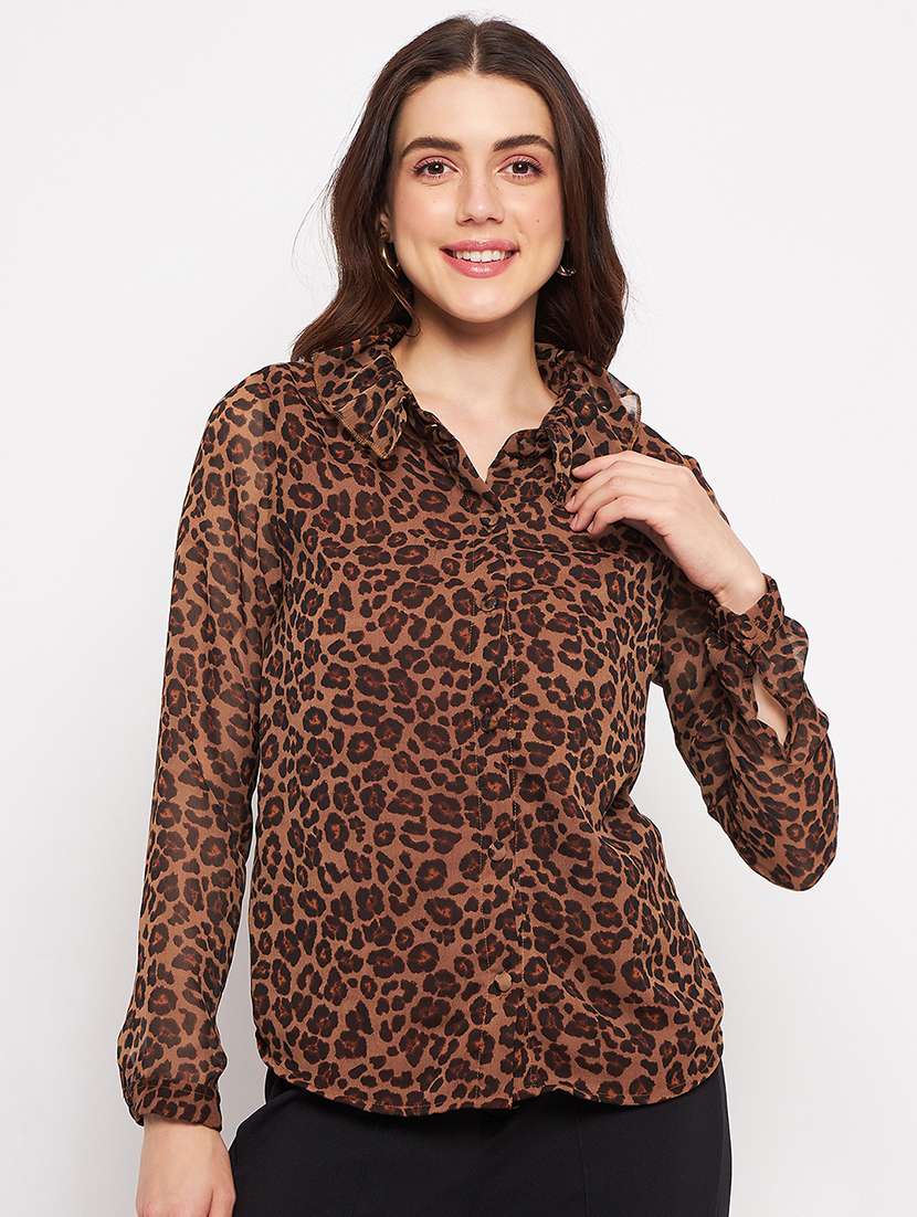 brown printed chiffon regular top