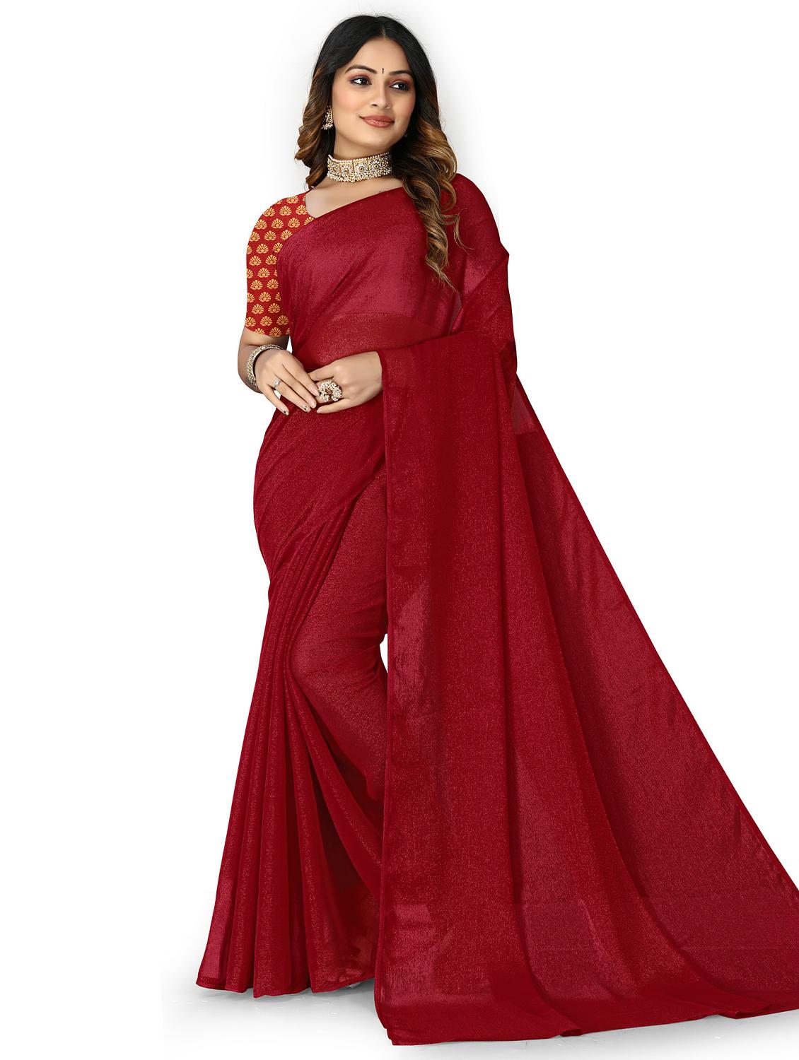 maroon solid saree with blouse - 20169331 - Zoom Image - 0