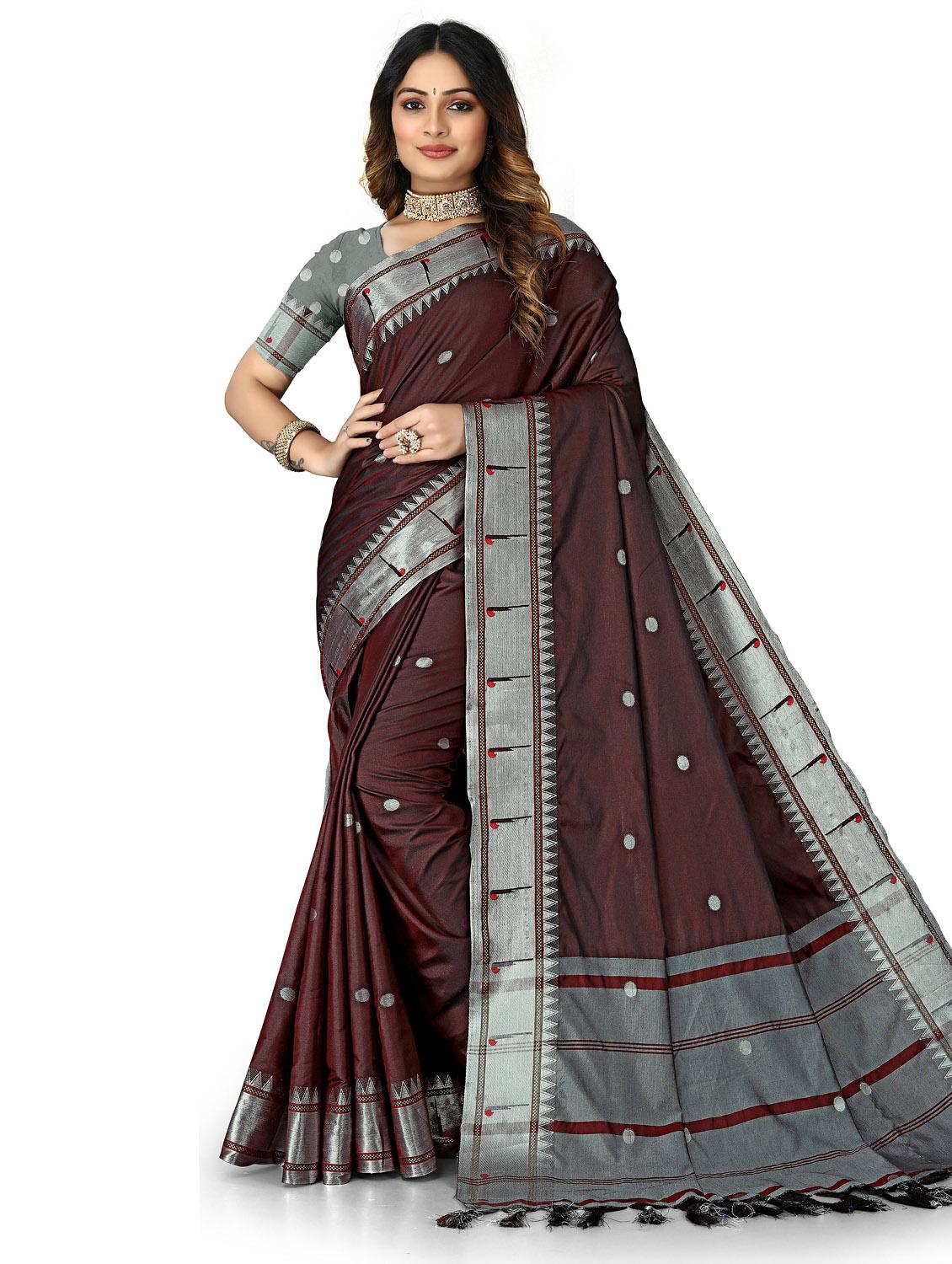 brown self design woven saree with blouse - 20169333 -  Zoom Image - 0