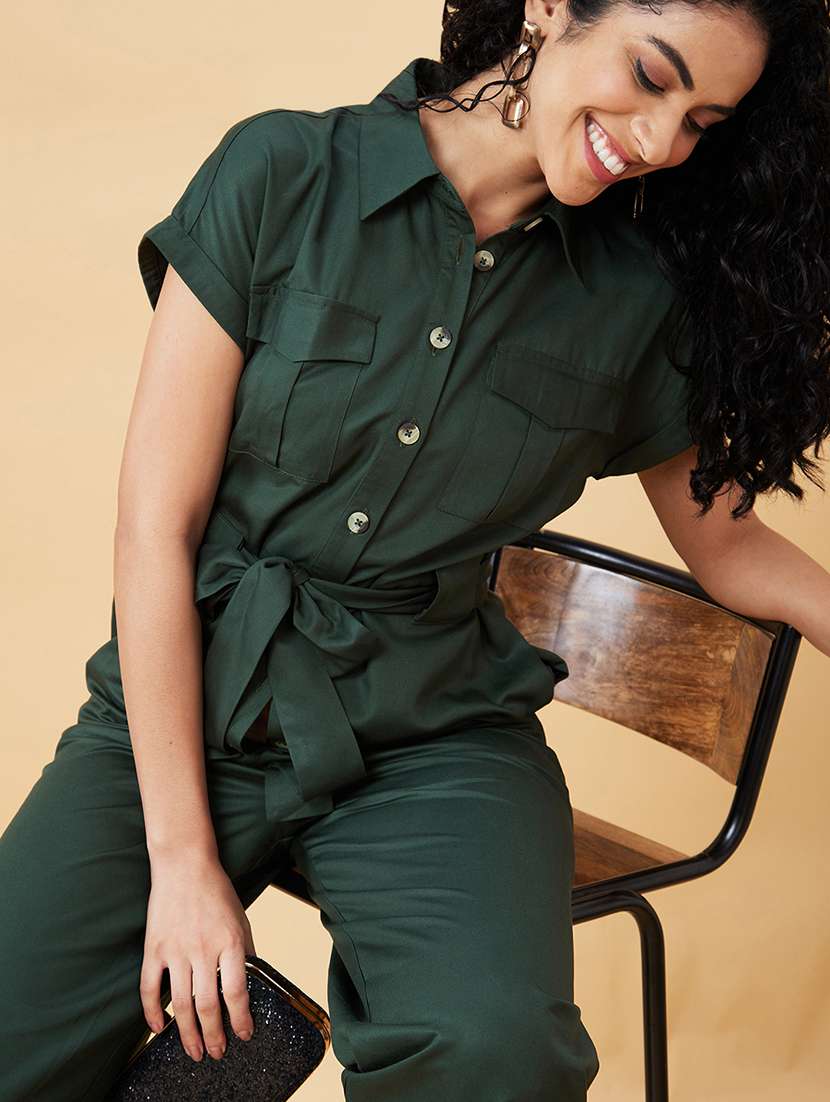 globus women olive shirt collar chest pocket waist tie up long jumpsuit  - 20171185 -  Standard Image - 3