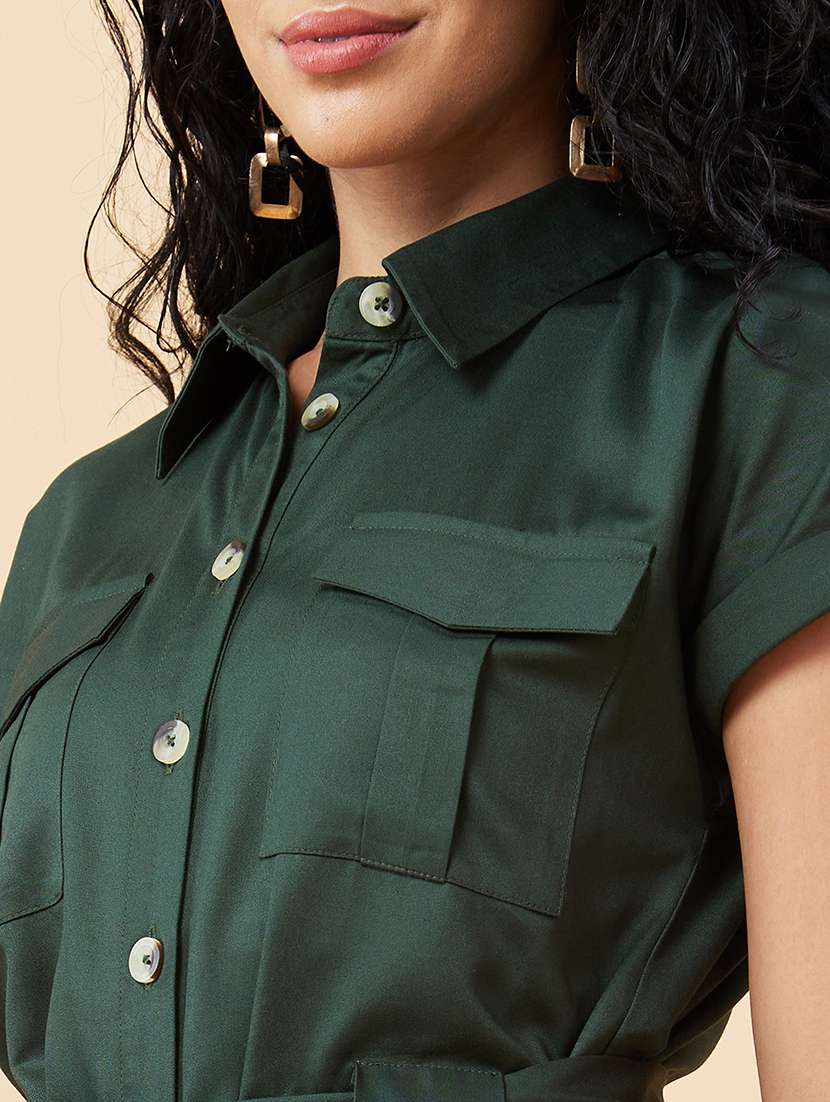 globus women olive shirt collar chest pocket waist tie up long jumpsuit  - 20171185 -  Standard Image - 5