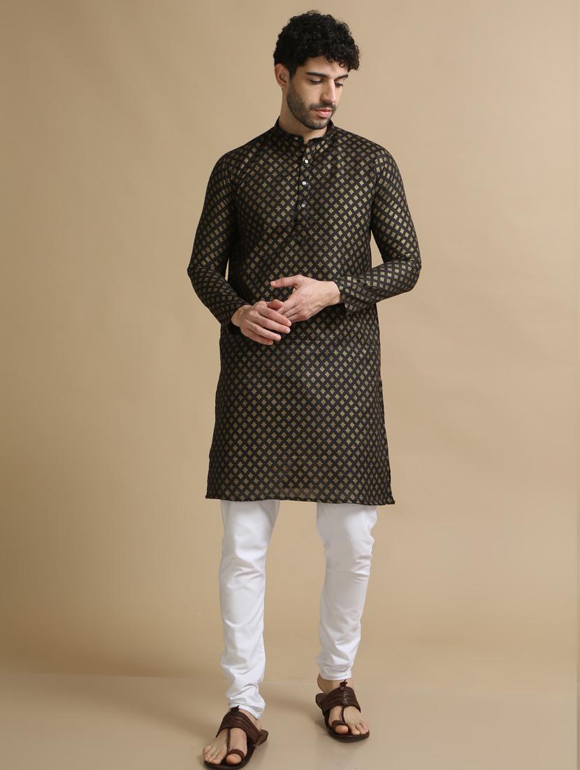 black cotton kurta pyjama ethnic wear set - 20173928 -  Zoom Image - 0