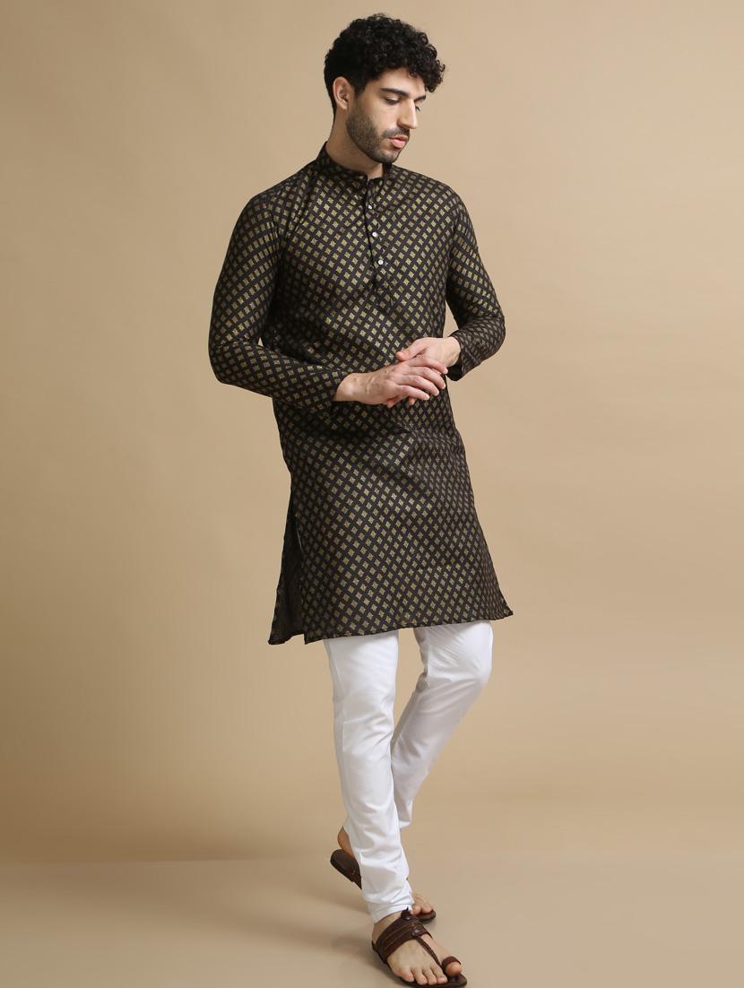 black cotton kurta pyjama ethnic wear set - 20173928 - Standard Image - 3