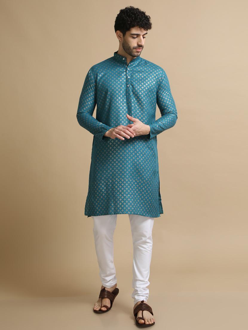 teal cotton kurta pyjama ethnic wear set - 20173937 - Zoom Image - 0