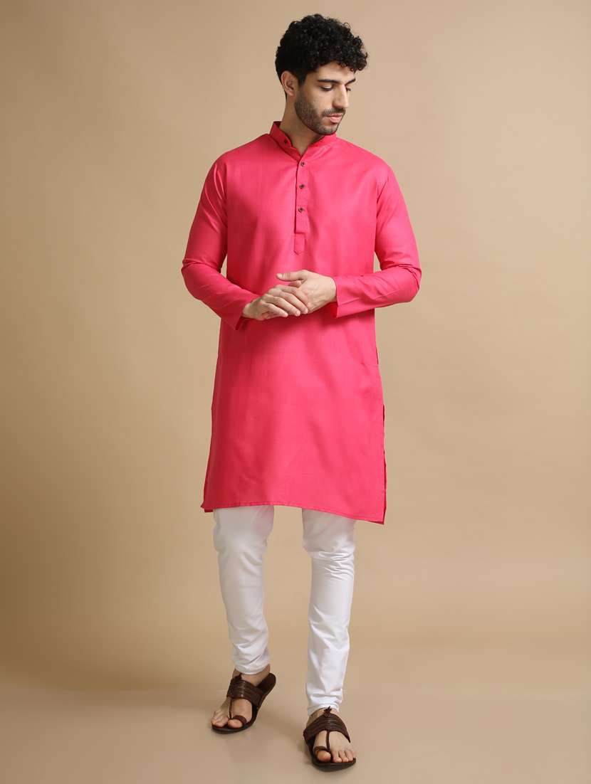 pink cotton plain long legnth kurta pyjama - 20173946 - Zoom Image - 0