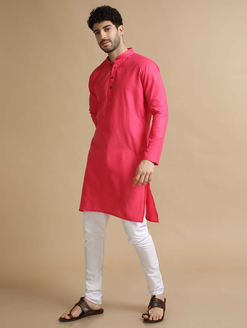 pink cotton plain long legnth kurta pyjama - 20173946 - Standard Image - 3
