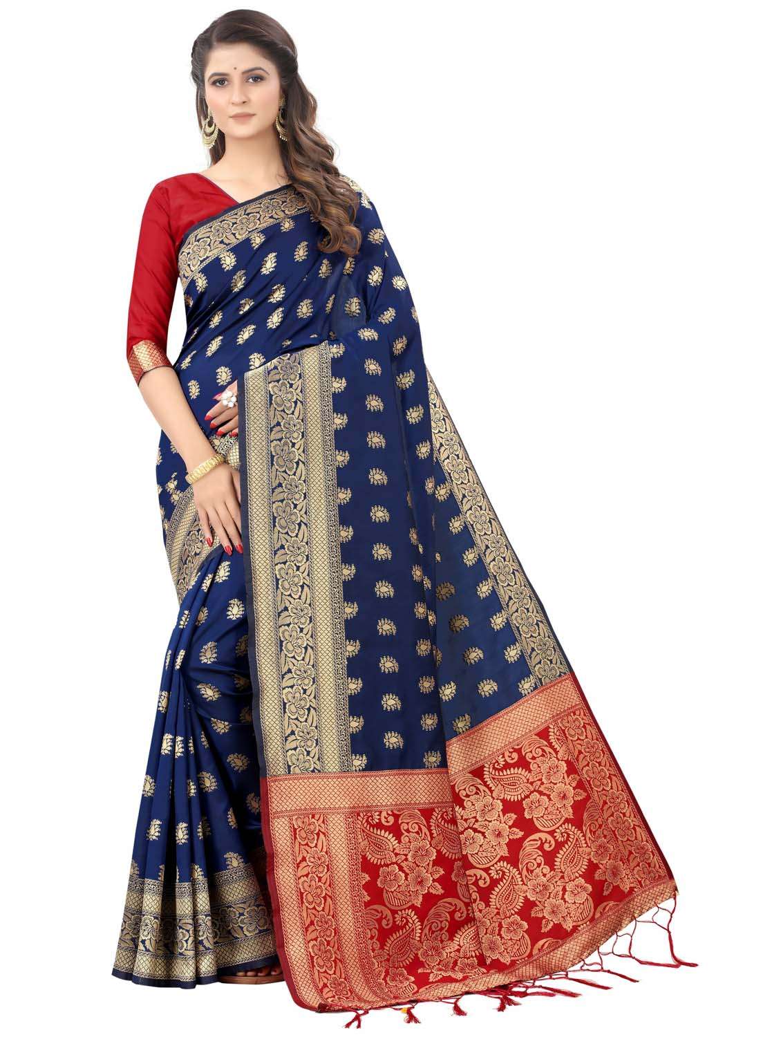 women's self design royal blue colored saree with blouse