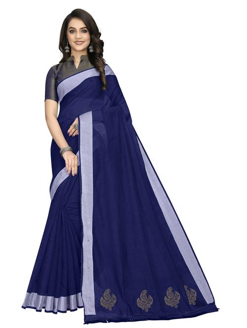 women's bordered navy blue colored saree with blouse - 20175483 -  Standard Image - 0