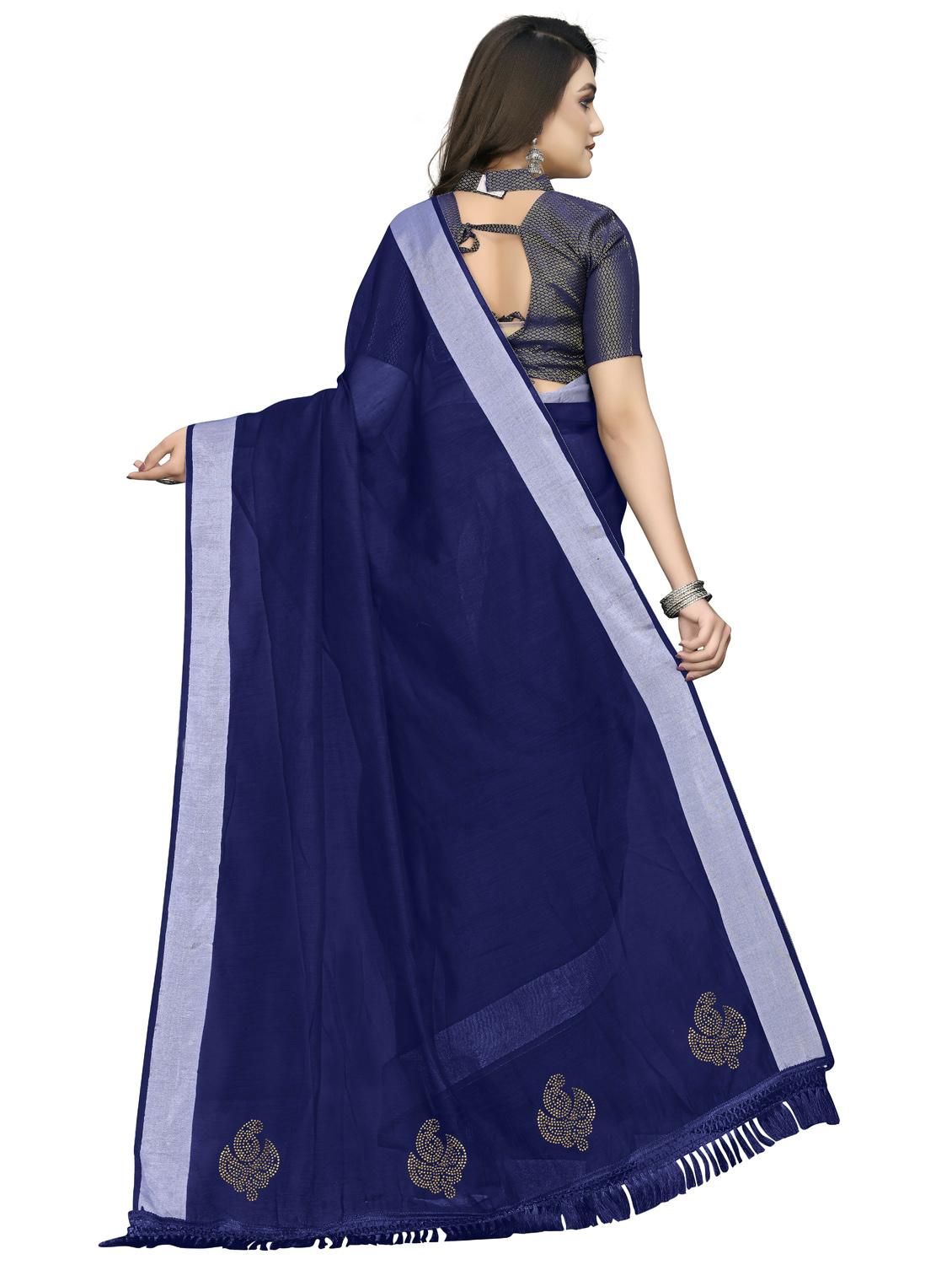 women's bordered navy blue colored saree with blouse - 20175483 - Standard Image - 3
